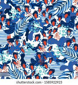 Seamless leopard skin pattern with tropical leaves. Vector.