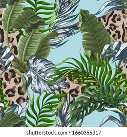 Seamless leopard skin pattern with tropical leaves. Vector.