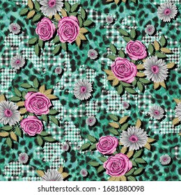 Seamless leopard skin and rose flower pattern