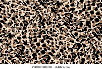 Seamless leopard skin seamless vector pattern with hand drawn abstract art brush and wild African animal skin background elements in brown black and beige colors on beige background. For textile, wrap