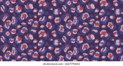 Seamless leopard-inspired pattern with abstract spots in blue shades on a navy background. Bold, modern design animal print perfect for fashion, textiles,  artistic creative branding projects.