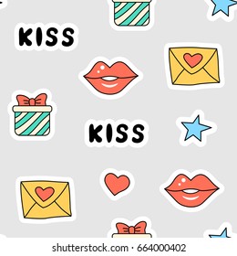 Seamless letter pattern, gift, kiss. Vector illustration.