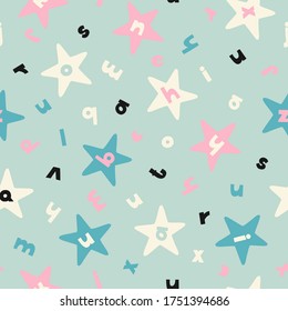 Seamless letter and star childish pattern. Soft pastel tone hand-drawn vector pattern for nursery design. Cute letters and stars combined into a seamless design. Blue, pink and white element texture.