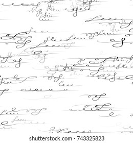 Seamless Lettering Doodles Pattern. Calligraphic Print Design for Fabric, Cover, Ad, Packaging, Fashion Background. Hand Drawn Ink Vector Illustration. Handwritten Signs and Letters Sketch