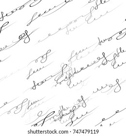 Seamless Lettering Doodles Pattern. Calligraphic Print Design for Fabric, Cover, Ad, Packaging, Fashion Background. Hand Drawn Ink Vector Illustration. Handwritten Signs and Letters Sketch