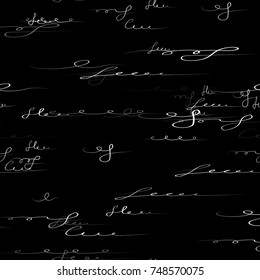 Seamless Lettering Doodles Pattern. Calligraphic Print Design for Fabric, Cover, Ad, Packaging, Fashion Background. Hand Drawn Black Vector Illustration. Handwritten Signs and Letters Sketch