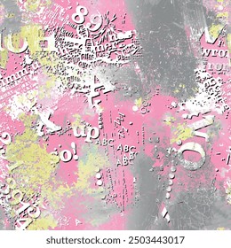 Seamless lettering pattern with abstract hand drawn brush art, text, numbers and handwritten background elements in pink, yellow, grey and colors