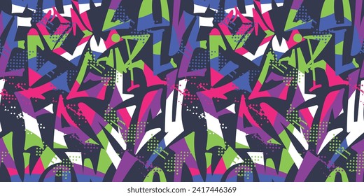 Seamless lettering pattern with colorful words cool, wow, fan, girl. Brush drawn modern multi colored calligraphy on dark background. Graffiti style. Typography ornament