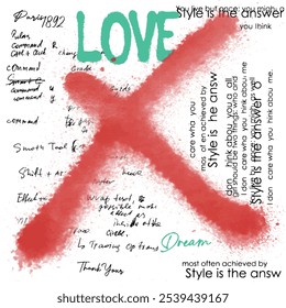 Seamless lettering pattern with isolated abstract hand drawn art brush background elements in red and green colors. Writing and handwritten pattern design vector