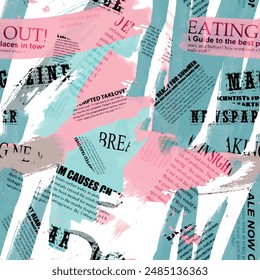 Seamless lettering pattern with isolated newspaper letter brush-drawn background elements in green, pink and brown