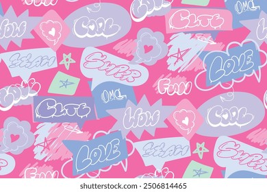 Seamless lettering pattern street art style words Wow, Super, Cute, fun, yeah. Comics words ornament. pink background. Speech cloud, star, heart. repeat print for fashion, girl clothes, wrapping paper
