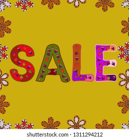 Seamless. Lettering in yellow, orange and red colors. Vector. Of calligraphy summer sale, favourite brands. Friday, magic sale, logotype, print, text for sell out, clearance sale, closeout, giveaway.