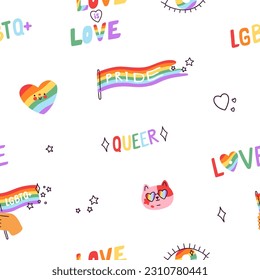 Nahtlose LGBT-Muster. Endloser Hintergrund, LGBTQ-Liebe. Regenbogenfahne, süße Katze, Queer, Wiederholung des Printdesigns für Stolz Monat. Mehrfarbige Textur im Doodle-Stil. Farbige flache Vektorgrafik