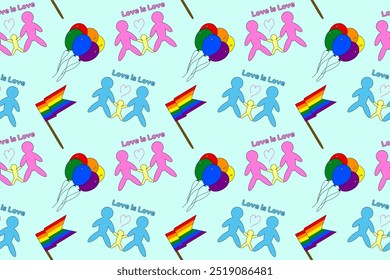 Seamless LGBT pattern featuring families, rainbow balloons, and pride flags. Perfect for celebrating love and diversity.
