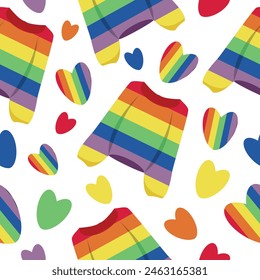 seamless lgbt themed pattern with lgbt flag colors sweaters, with lgbt flag colors hearts and colored hearts for poster, banner or packaging