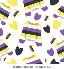 seamless lgbt themed pattern with non-binary flag colors sweaters, with non-binary flag colors hearts and colored hearts for poster, banner or packaging