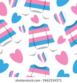 seamless lgbt themed pattern with sweaters in transgender flag colors, with hearts in transgender flag colors and colored hearts for poster, banner or packaging