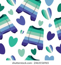 seamless lgbt themed pattern with sweaters in gay flag colors, with hearts in gay flag colors and colored hearts for poster, banner or packaging