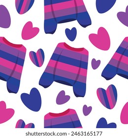 seamless lgbt themed pattern with sweaters in bisexual flag colors, with hearts in bisexual flag colors and colored hearts for poster, banner or packaging