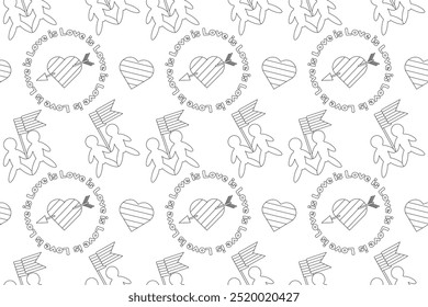 A seamless LGBT-themed black and white coloring page featuring Love is Love elements with hearts and figures. Perfect for inclusivity projects.