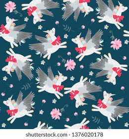 Seamless liberty pattern with cute winged unicorns and pink flowers on dark green background.