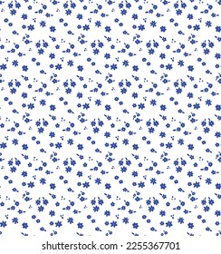 Seamless liberty pattern small blue colored flowers. Minimalist, simple, monochrome. Ideal for printing on fabric, objects, wallpaper or digital use. Vector illustration.