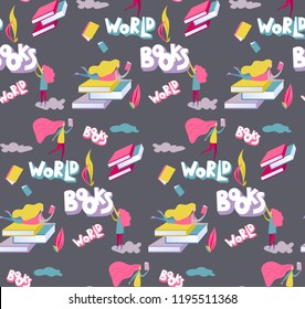 seamless library books pattern. Reading woman hand drawn backround for poster, banner, festival design. 