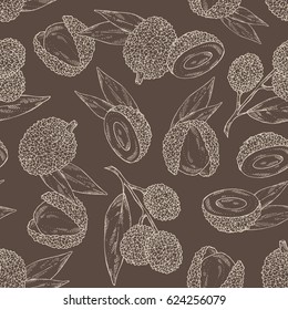 Seamless with lichee: lichee fruit and leaves. Hand drawn.