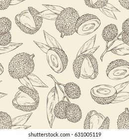 Seamless with lichee: lichee fruit and leaves. Hand drawn