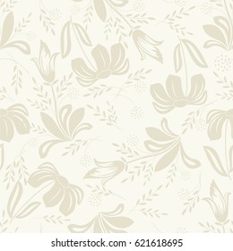 Seamless light background with beige flowers and leaves. Ideal for printing on fabric or paper. Vector illustration.