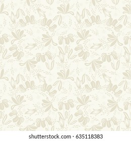 Seamless light background with beige flowers and leaves. Ideal for printing on fabric or paper. Vector illustration.
