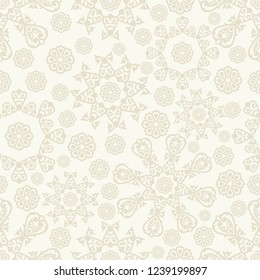 Seamless light background with beige mandala ornament in the east style. Ideal for printing on fabric or paper for wallpapers, textile, wrapping. Vector illustration.