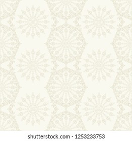 Seamless light background with beige mandala ornament in the east style. Ideal for printing on fabric or paper for wallpapers, textile, wrapping. Vector illustration.