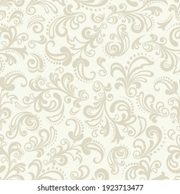 Seamless light background with beige pattern in baroque style. Vector retro illustration. Ideal for printing on fabric or paper for wallpapers, textile, wrapping. 