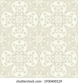 Seamless light background with beige pattern in baroque style. Vector retro illustration. Islam, Arabic, Indian, ottoman motifs. Perfect for printing on fabric or paper.