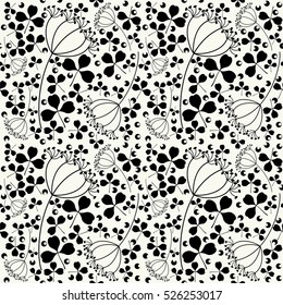 Seamless light background with black clover leaves, dill and currant.