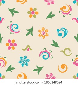 Seamless light background with blue, red and green pattern in baroque style. Vector retro illustration. Ideal for printing on fabric or paper for wallpapers, textile, wrapping. 