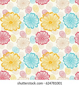 Seamless light background with blue, red, yellow and beige flowers and spirals. Ideal for printing on fabric or paper. Vector illustration.