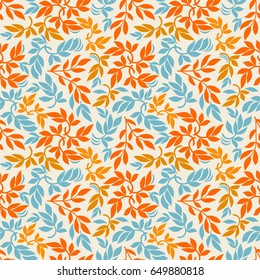 Seamless light background with blue, yellow and orange leaves, design for packaging in trendy linear style. Ideal for printing on fabric or paper. Vector illustration. 