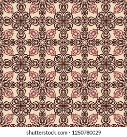 Seamless light background with brown pattern in baroque style. Vector retro illustration. Islam, Arabic, Indian, ottoman motifs. Perfect for printing on fabric or paper.