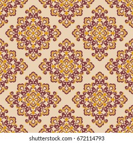 Seamless light background with brown and yellow pattern in baroque style. Vector retro illustration. Ideal for printing on fabric or paper.