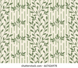 Seamless light background with green leaves, design for packaging in trendy linear style. Ideal for printing on fabric or paper. Vector illustration. 