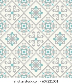 Seamless light background with grey and green pattern in baroque style. Vector retro illustration. Ideal for printing on fabric or paper.