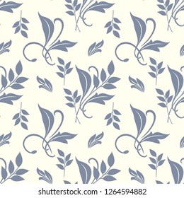 Fondo claro sin soldadura con hojas grises. Ilustración vectorial retro. Ideal para imprimir en tela o papel para papel pintado, textil, envoltura. 