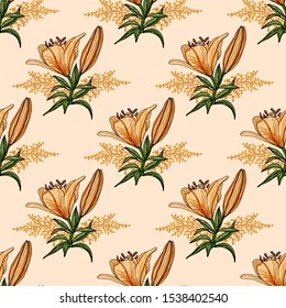Seamless light background orange with lilies buds of lilies and herbs on the light. Endless texture for design. Vector background with lilies for cards, design, wedding, fabric, textile.