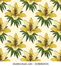 Seamless light background yellow lilies and leaves on the light. Endless texture for design. Vector background with lilies for cards, design, wedding, fabric, textile.