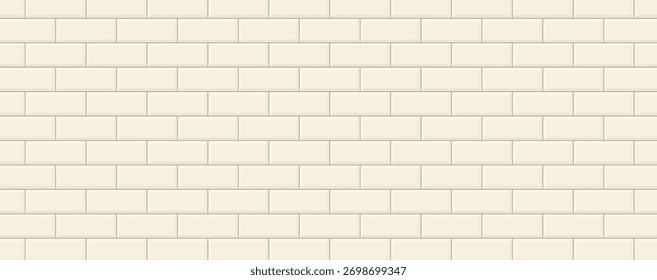 Pared de azulejo de metro beige claro sin costuras, con un patrón de ladrillo offset Horizontal clásico, adecuado como fondo o textura