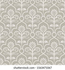 Seamless light beige and white floral wallpaper vector background. Vintage pattern backdrop.