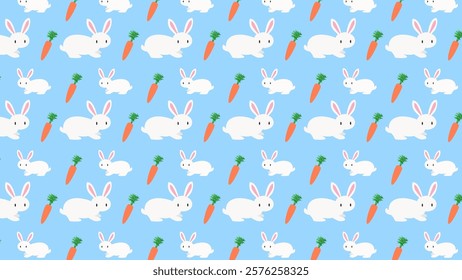 Seamless light blue background illustration of a cute rabbit and carrot.