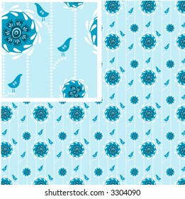 SEAMLESS light blue background with songbirds and flowers